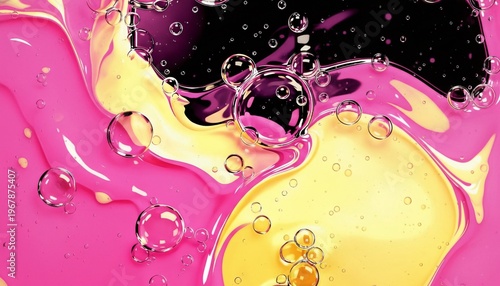 A vibrant abstract art piece featuring colorful liquids and bubbles in a mesmerizing pattern