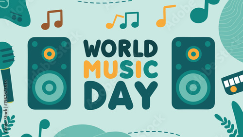 Celebrating world music day with speakers notes and a microphone