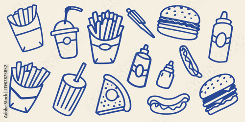 A collection of hand drawn fast food items in blue line art