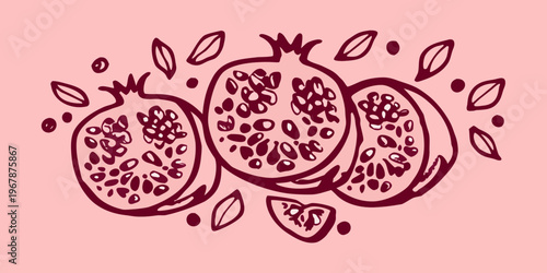 Hand drawn illustration of pomegranates halved and whole with seeds