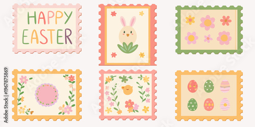Colorful easter stamps with floral designs and a cute bunny illustration