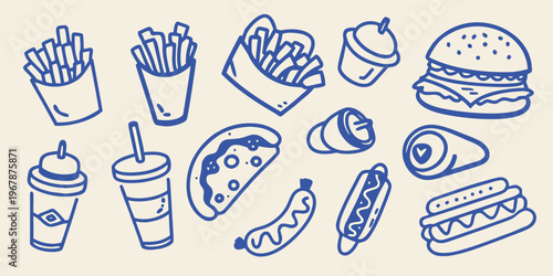 Hand drawn illustration of various fast food items in blue tones