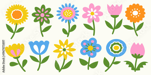 A collection of colorful stylized flowers arranged on a white background