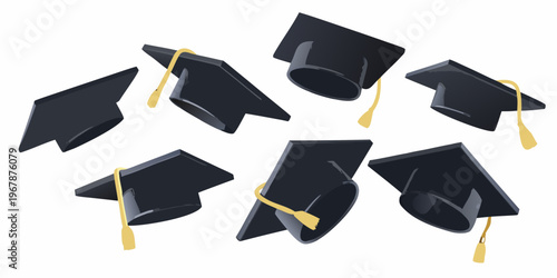 Several black graduation caps are tossed in a celebratory display