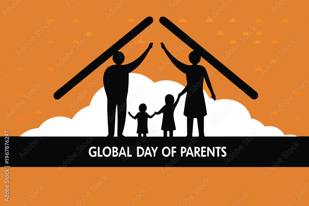 Fototapeta premium Family silhouettes stand beneath a roof celebrating global parents day