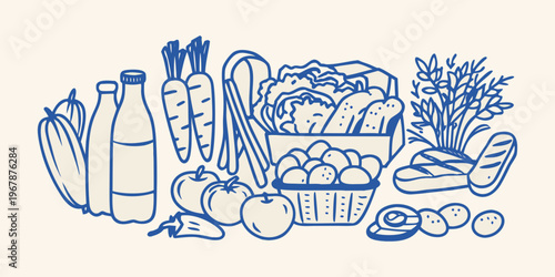 A bountiful sketch of fresh produce bread and bottled goods