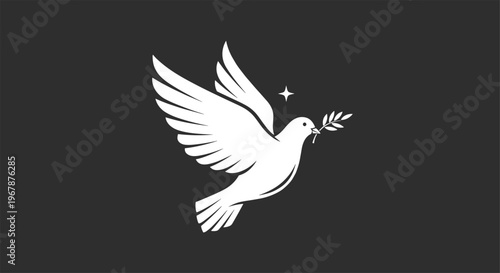 White dove with olive branch symbolizing peace and hope flying against dark background.