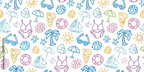 Colorful summer doodles featuring beach items and tropical motifs