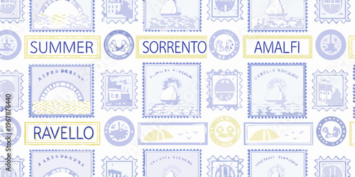 Postage stamp pattern featuring italian coastal towns and summer themes