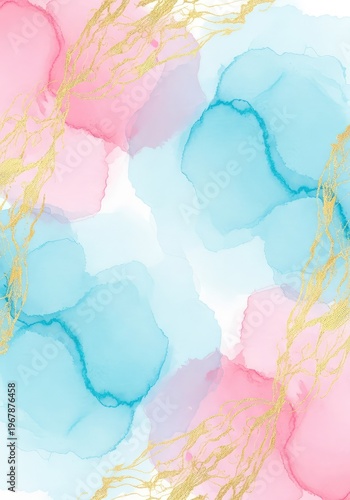A stunning abstract watercolor background featuring soft blue and pink washes blended with elegant metallic gold leaf texture details, modern, light, fluid