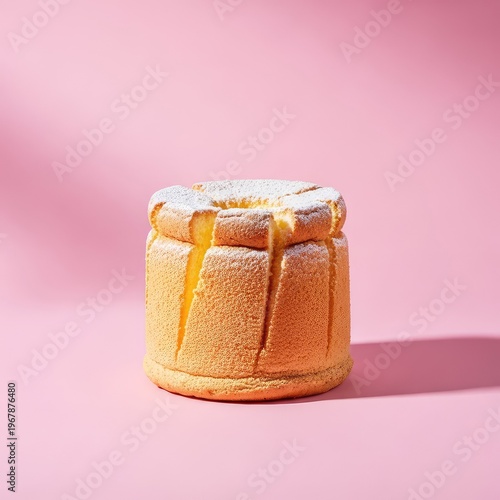 A tall and airy chiffon cake with a golden crust sits elegantly on a soft pastel pink background, lightly dusted with fine powdered sugar, catering, homemade, treat