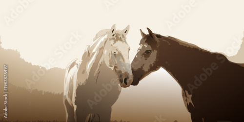 Two horses nuzzle each other affectionately in a stylized digital illustration