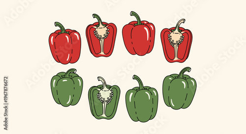 Group of red and green bell peppers, whole and halved, fresh vegetables, illustration.