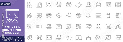 Seminar & Conference icons set. Conference icon set. Outline Icon Collection. Editable stroke.