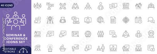 Seminar & Conference icons set. Conference icon set. Outline Icon Collection. Editable stroke.