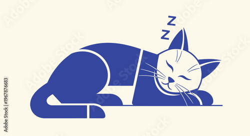 Sleeping cat in blue, stylized vector illustration, peaceful pet resting, zzz.