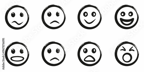 Collection of hand drawn black and white facial expression icons