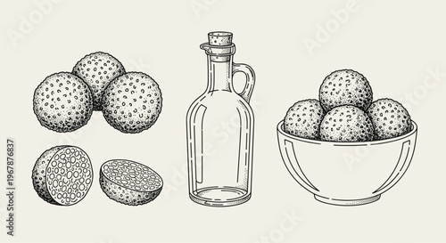 Hand drawn falafel balls in bowl and oil bottle with seeds.