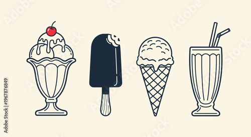 Delicious sweet treats collection including ice cream sundae popsicle cone and milkshake.