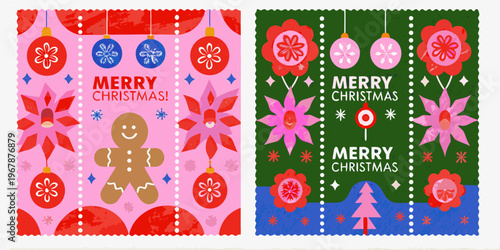Festive christmas gift bags with ornaments and holiday greetings displayed
