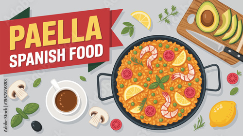 Paella Spanish food, traditional dish, seafood rice, culinary illustration