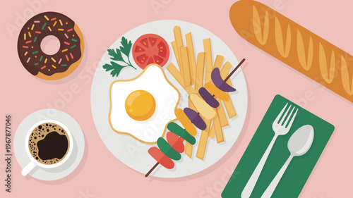 Breakfast food icons, flat design, colorful, donut, egg, skewers, fries, baguette, coffee