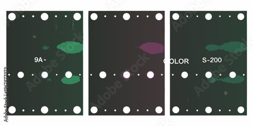 Three frames of color film with visible imperfections and color patches