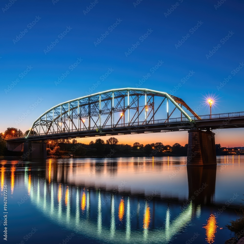 Fototapeta premium Bright electric lights outline a steel bridge structure over a calm river during twilight, creating vibrant reflections on the water surface, modern, engineering, calm