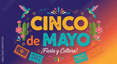 Vibrant cinco de mayo celebration banner with colorful text and decorations on gradient background