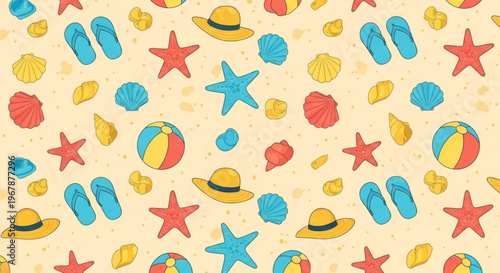 Beach summer pattern with starfish beach balls hats flip flops and seashells on sand background