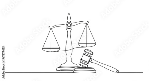 Law and justice concept with scales and gavel in one line drawing symbolizing fairness and judgment in a legal system