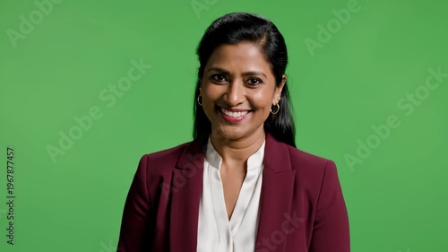 Confident professional woman smiling in formal attire against green screen