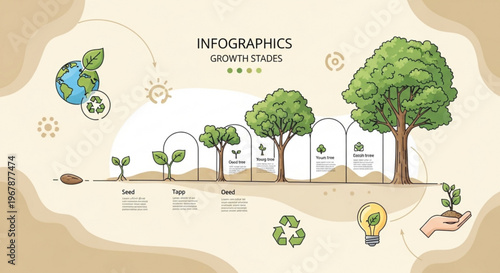 Infographic illustrating growth stages of a tree from seed to maturity with eco friendly symbols