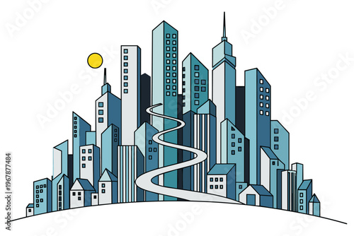 Stylized graphic representation of an active metropolis featuring diverse architectural structures and an ascending path, depicting urban development and community progress