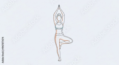 Woman in tree pose yoga with arms raised in balance and harmony on a neutral background