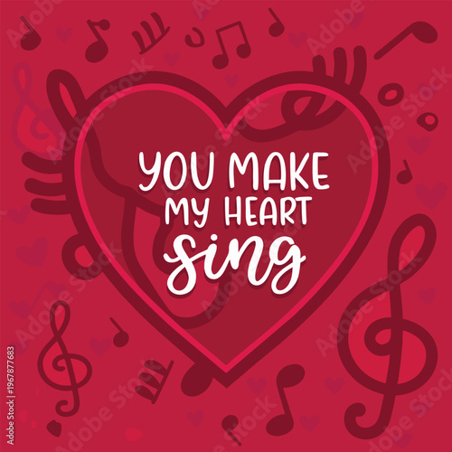 A red heart illustration with musical notes and a loving message