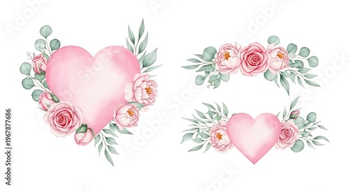 Elegant watercolor wedding banners featuring delicate pink hearts and soft floral arrangements on a white background for romantic designs, petal, ornament, graphic