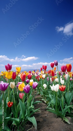 A vibrant field of multicolored tulips under a clear blue sky with scattered clouds on a bright, sunny day.