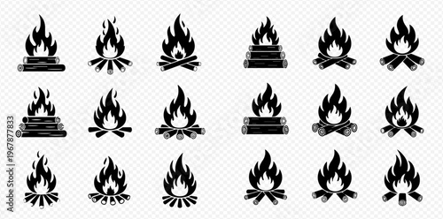 Set of various campfire and bonfire icons with burning flames and logs, perfect for outdoor and camping designs.