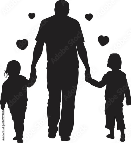 Silhouette of a father walking with two children surrounded by hearts