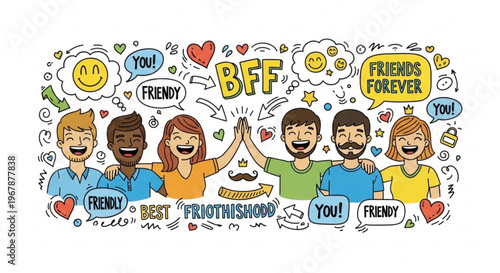 Diverse group of friends with speech bubbles expressing friendship and affection on white background