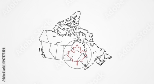 Canada map illustration with ontario highlighted in red lines on white background for geographic and educational purposes