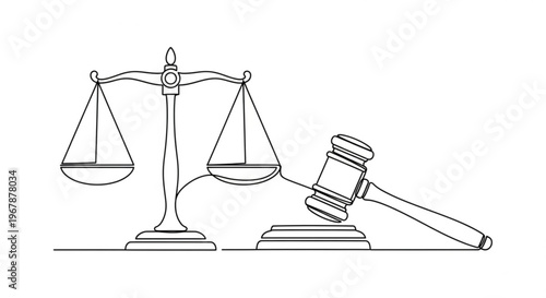 Justice scales and gavel in a simple line drawing style for law and order concepts