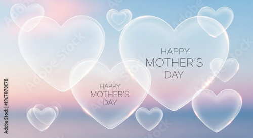 Happy mother's day greeting card with transparent hearts on pastel sunset background