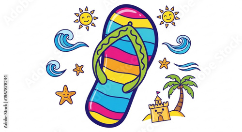 Colorful flip flop with beach elements sandcastle palm tree sun waves and starfish on white background