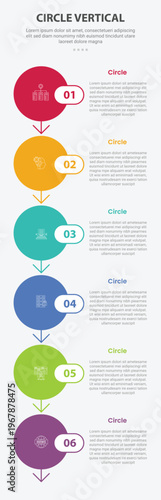 Circle base shape mobile vertical template infographic with round badge rectangle with arrow line bottom direction for mobile smartphone content with 6 points
