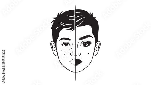 Split face portrait illustrating beauty transformation, cosmetic enhancement services and personal care industry marketing strategy concept