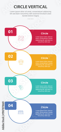 Circle base shape mobile vertical template infographic with round rectangle extension container with round square badge for mobile smartphone content with 4 points