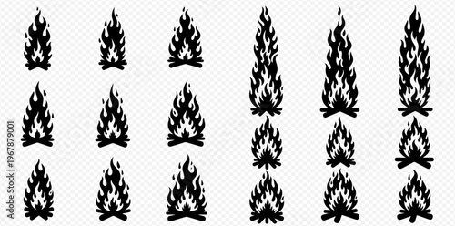 Set of black silhouette bonfires with burning flames and firewood on a transparent background.