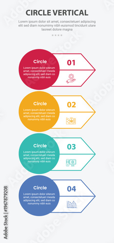 Circle base shape mobile vertical template infographic with arrow extension with half cut line on stacked list for mobile smartphone content with 4 points